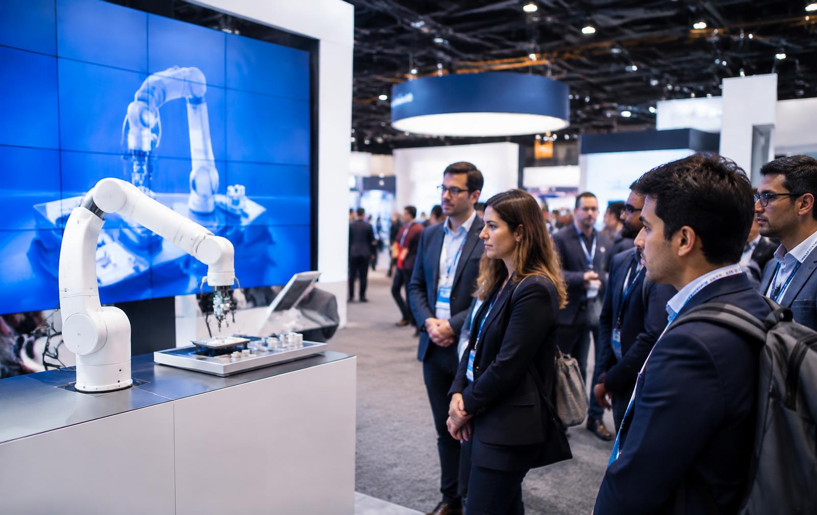 Visitors watching a robot demo at a trade show booth